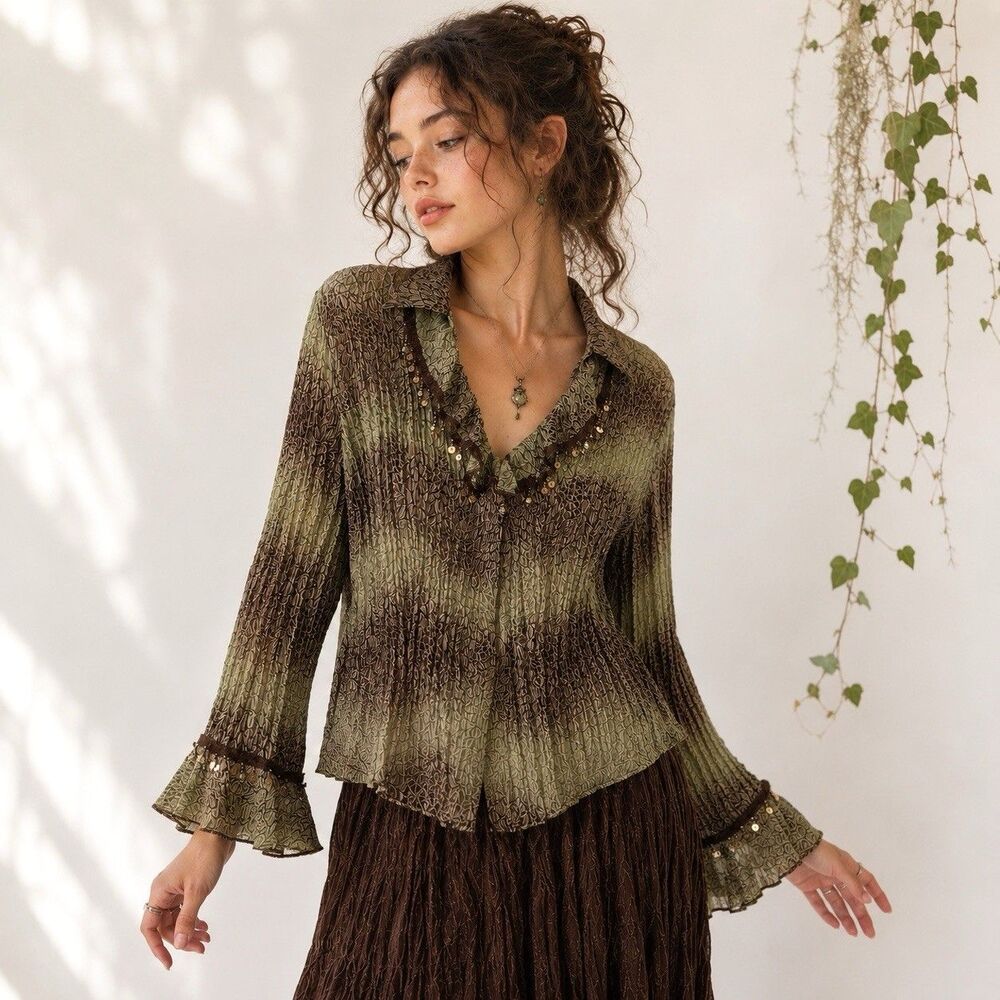 VTG Goblincore Crinkle Button Up Shirt M Moss Green Fairy Beaded Bell Sleeve Y2K